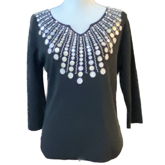 Joseph A Silver Sequins Embellished Sweater V-Neck 3/4 Sleeve Black Women L - Picture 1 of 6